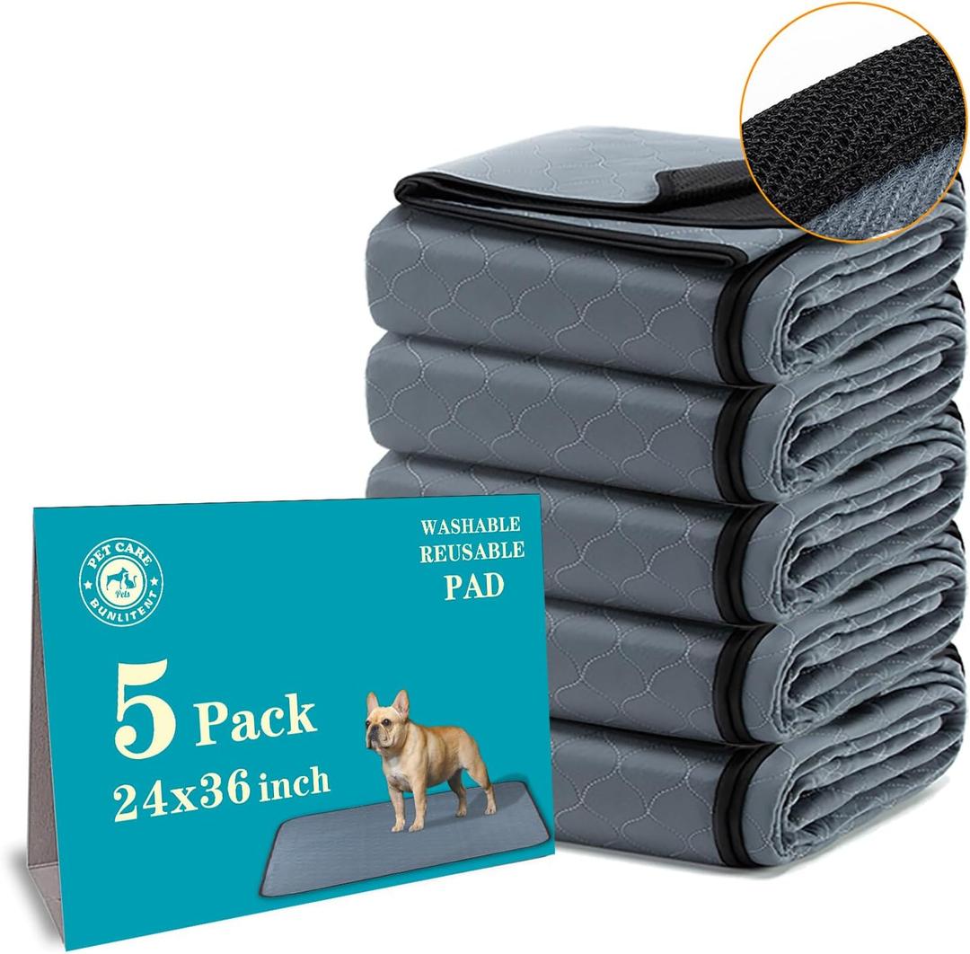 Bunlitent Washable Pee Pads 5 Pack, 24" x 36", Reusable Pee Pads for Dogs, Puppy Pads Washable with Quick Dry, Anti-Slip Dog Pee Pads, Whelping Pads, Dog Carpet