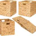 10.5'' Foldable Large Cube Water Hyacinth Wicker Storage Baskets with Handles and Built-in Metal Frame, 4 Pcs Stylish and Durable Hand Woven Bin Perfect for Shelves and Living Room Organizing