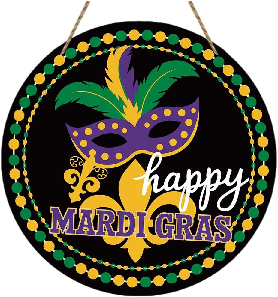 Happy Mardi Gras Door Decorations,Mardi Gras Door Hanger,Masquerade Decorations,Fleur De Lis Mask Beads Decor,New Orleans Brazi Carnival Wooden Wall Decor for Home Office Garden Party