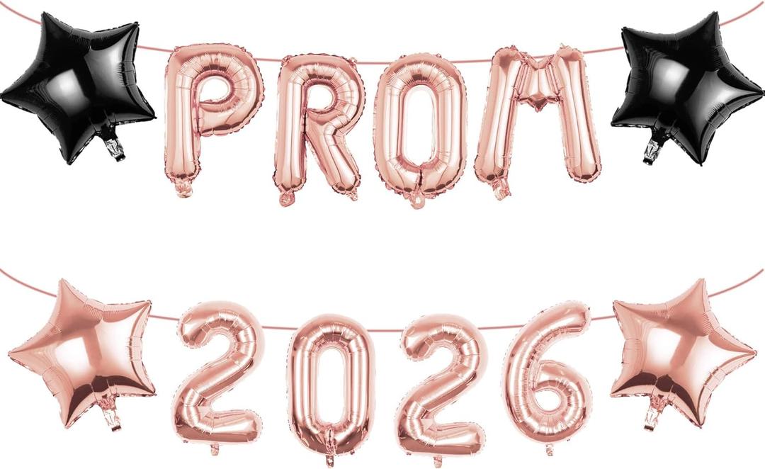 4 x Prom 2026 Balloons Decorations, 16 Inch Foil Letter Number Balloons with 18 Inch Black Rose Gold Star Balloons for High School College Graduation Gift Retirement Ins Photo Party Supplies