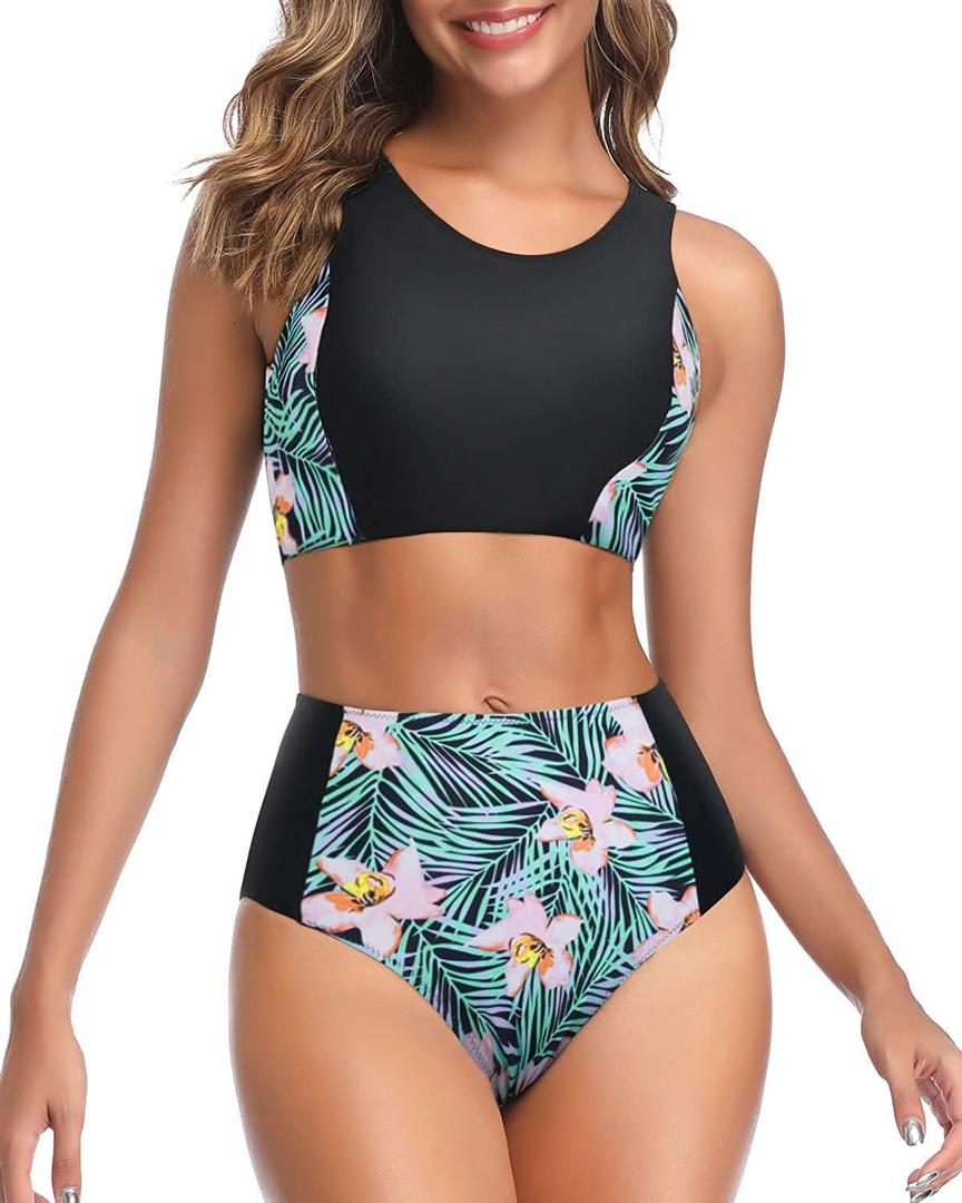 Tempt Me Women Two Piece High Waisted Bikini Set Sporty Swimsuits Bathing Suit with Bottom for Teen Girls (Size X-Large, Black Floral)