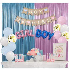 Baby Gender Reveal Party Decorations, 23 Pcs Boy or Girl Baby Shower Party Decoration including Pink Blue Balloons Boy or Girl Banner Fringe Curtains
