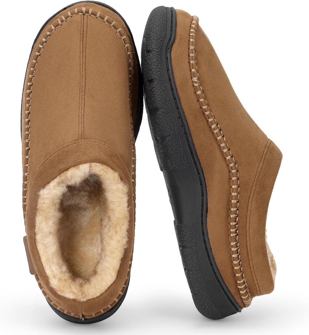 Mens Slip-On Moccasin Slippers, Warm Winter Microsuede House Shoes with Memory Foam, Indoor and Outdoor Loafer Style (11-12, Tan)