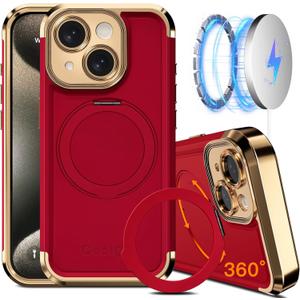 COOLQO for iPhone 14 Case 6.1'' Upgraded 360 Spin Magnetic Stand [Compatible with Magsafe][Military Grade Drop Protection] Shockproof Protective Phone Holder Cover for iPhone 14, Red Gold