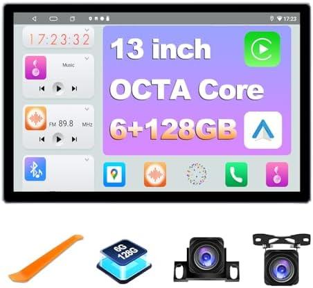 JMANCE 6+128GB 13 inch Double Din Touch Screen Android Car Stereo with Front and Rear Camera Octa Core Android 13 QLED Bluetooth GPS Radio DSP AM FM RDS SWC WiFi MIC