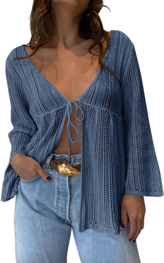 Saodimallsu Womens Summer Lightweight Tie Front Cardigans Crochet Knit Long Bell Sleeve Casual V Neck Beach Cover Ups (Large, Bluish Gray)
