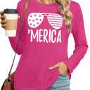 American Flag Shirts for Women 4th of July T Shirt USA Stars Stripes Patriotic Tops Casual Long Sleeve Tees(Pink,2X-Large) (Pink, XXL)