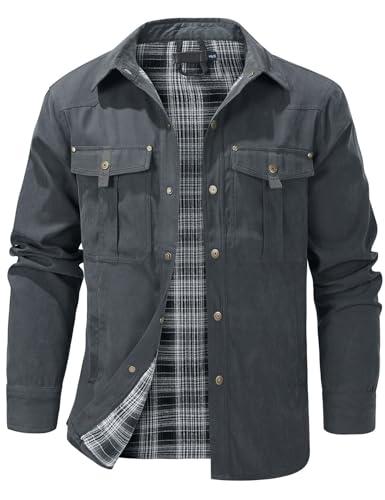 Flygo Mens Flannel Lined Shirt Jacket Lightweight Snap Button Western Jacket Rugged Outdoor Cowboy Shirts Jackets(Grey-XL)