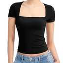 PUMIEY Short Sleeve T Shirts for Women Square Neck Top Sexy Going Out Tops Slim Fit Tee Shirt, Jet Black, Large