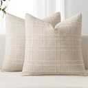 MIULEE Decorative Linen Check Throw Pillow Covers Neutral Farmhouse Vintage Pillow Covers 20x20 Set of 2 Boho Modern Home Decor for Sofa Couch Bedroom Cushion Natural Beige