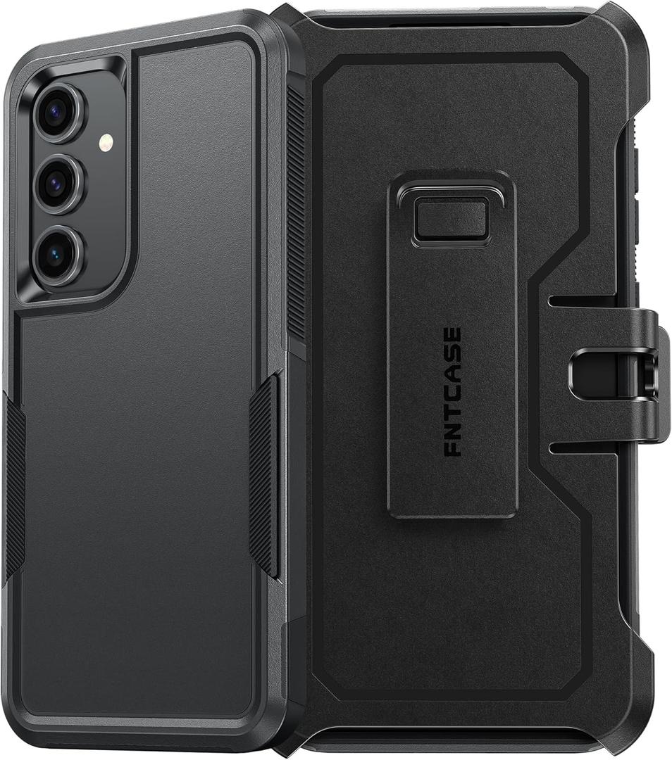 FNTCASE for Samsung Galaxy S24-FE Case: Dual Layer Military Grade Drop Protection Cell Phone Cover with Belt-Clip Holster | Shockproof Rugged Durable Heavy Duty Protective Bumper Tough (Black)