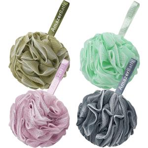 AmazerBath Loofah Sponge 75g/ Piece, Exfoliating Bath Sponge Body Scrubber, Large Loofa Set of 4 - White Grey-Pink-Army Green-Green