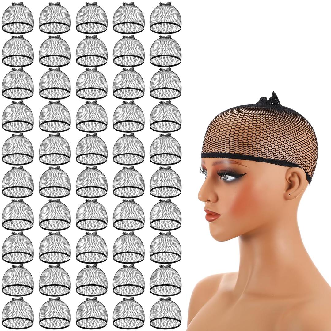 50 Pcs Black Mesh Wig Caps Net, Stretchy Nylon Liner Weaving Cap, Close End Fishnet Wig Cap for Women Men