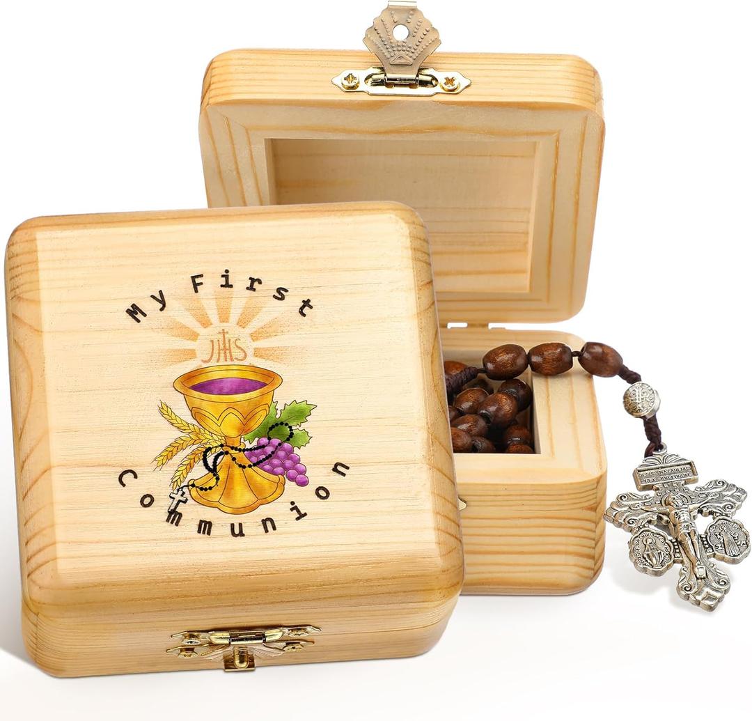 Wonderjune First Communion Wooden Keepsake Box First Holy Communion Gift Cross Rosary Jewelry Box Baptism Gift Memory Storage Box(3.5 x 3.5 x 1.5 Inches)