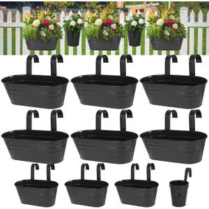3 Different Size Metal Iron Hanging Flower Pots 13 Pcs for Outdoor Plants Metal Hanging Bucket Pots Iron Railing Fence Planter with Drainage Holes and Hooks for Porch Railing Balcony Fence (Black), Large, Medium, Small