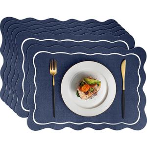 Faux Leather Placemats Set of 6, 12 x 17 Inch Scalloped Table Mats Waterproof Oil-Proof Heat Resistant Wipeable PU Place Mats for for Kitchen, Dining, Outdoor (Dark Blue)