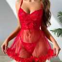 Sexy Ruffle Floral Skirt Underwire Mesh Sheer Lace Babydoll Lingerie Dress with Thong 2 Piece (Red, XXL)