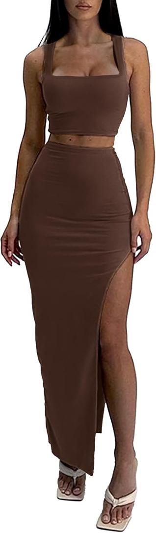 ELLEVEN Two Piece Maxi Skirt Sets for Women, Square Neck Tank Tops with High Side Slit Dress Sets Summer Outfits (Small, Brown)