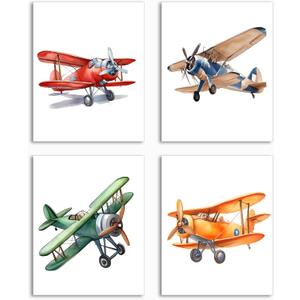 Watercolor Airplane Wall Art Print,Vintage Colorful Cartoon Aircraft Posters,Airplane Nursery Transportation Canvas Wall Art for Playroom or Nursery Boy Bedroom Decor Set of 4(8''X10''Unframed)