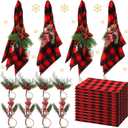 Christmas Napkins and Ring Set 12 Cloth Dinner Napkin Cocktails Buffalo Plaid Napkins 12 Christmas Napkin Rings Pine Cone Holder for Holiday Party Supplies