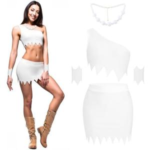 Ramede 5 Pcs Costume for Women Top Skirt Necklace Sleeves Halloween Cave Outfit Cosplay Costume Accessories M