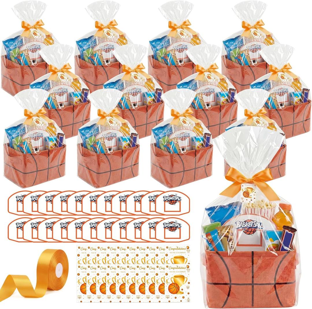 Novabright 12 Pcs Basketball Gift Basket Player Treat Fabric Storage Basket Candy Snack Bucket with Basketball Hoop Greeting Cards Packaging Bags Ribbons for Birthday Party Favors Gift Decoration