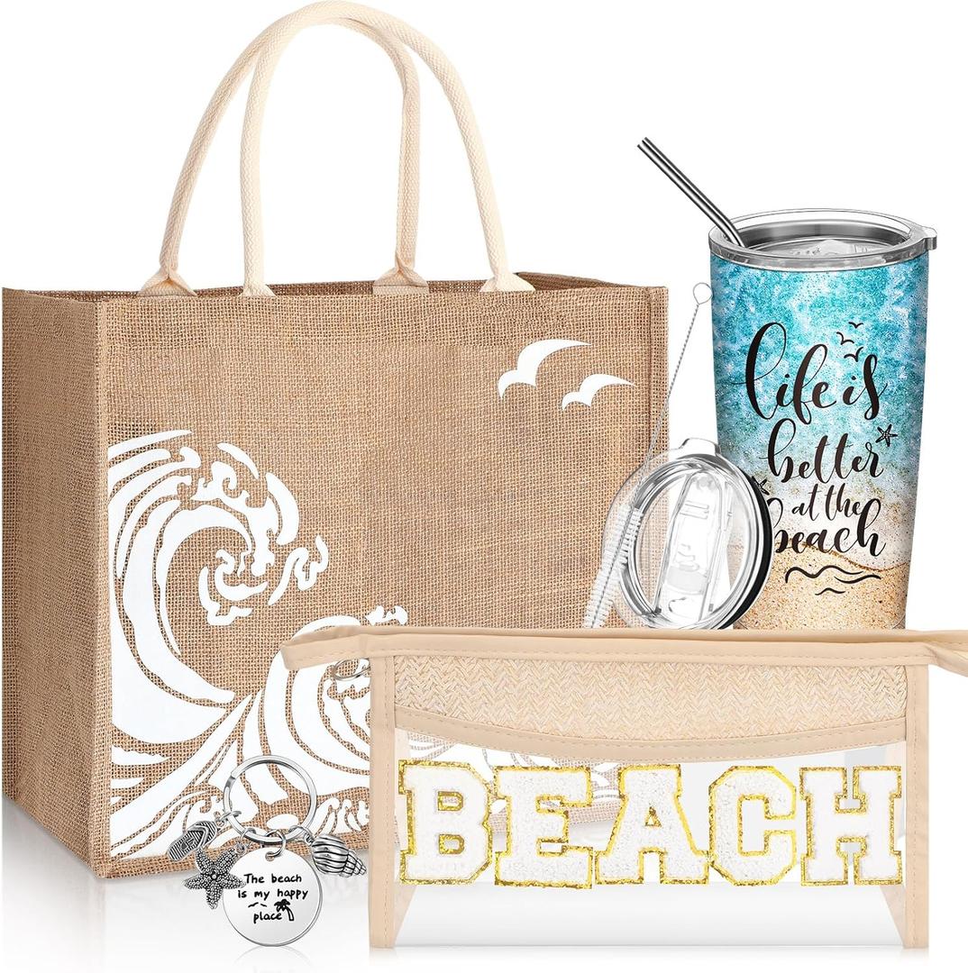 6 Pcs Christmas Beach Gifts for Women Set Beach Theme Gift Set Burlap Tote Bags Cosmetic Bag 20 oz Tumbler Keychain for Christmas Holiday Travel Wedding Bride Bridesmaids(Classic)