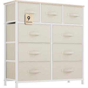 YITAHOME Dresser with 9 Drawers - Fabric Storage Tower, Tall Chest Organizer Unit for Living Room, Entryway with Sturdy Steel Frame, Wooden Top, Cream