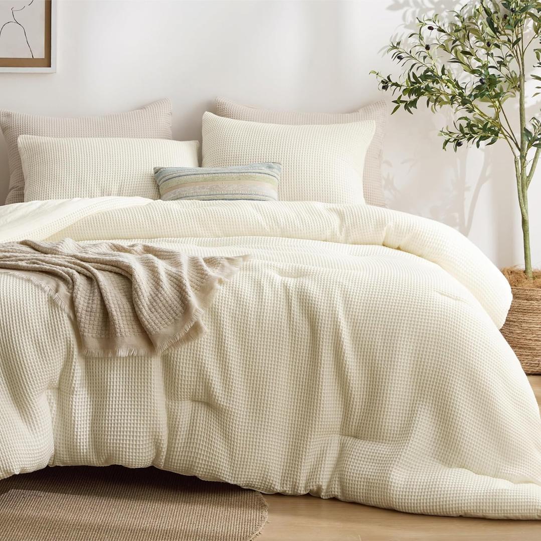 Bedsure Full Size Comforter Set Cream, Waffle Breathable Bedding Set, All Season Comforter with 3 Pieces, 1 Waffle Weave Comforter (86"x82") and 2 Pillowcases (20"x26")