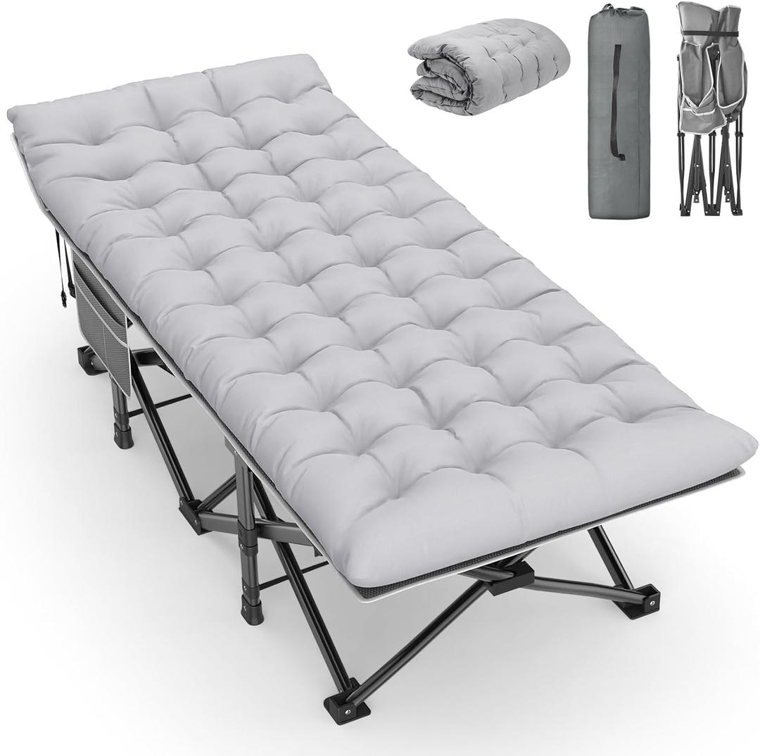 Slendor Oversized XXL Camping Cot, Folding Cot for Adults, 79" L x 32" W x 19" H Sleeping Bed with Mattress, Carry Bag, Camp Cot Bed for Travel, Guest, Support 900lbs (Grey Cot/Grey Pad)