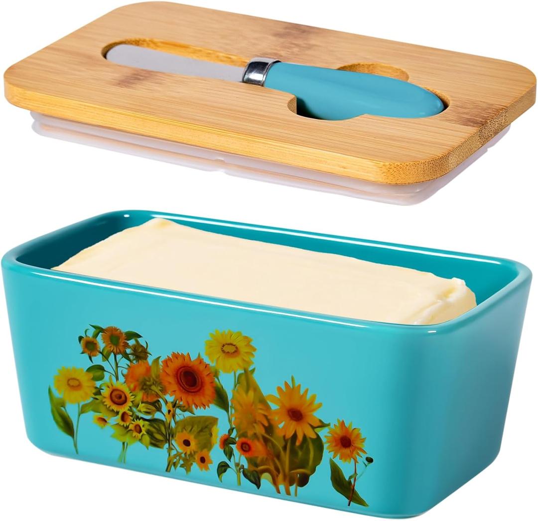 Sunflower Butter Dish with Lid,Large Butter Crock Keeper Saver,Ceramic Butter Container for Countertop with Highly Sealed Silicone Thick Wooden Lid for Kitchen Farmhouse Decor (Thin Blue, Sunflower)