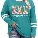 Plus Size Easter Shirts for Women Cute Bunny Rabbit Graphic Shirt Happy Easter Long Sleeve Tees Tops(Cyan, 4XL)