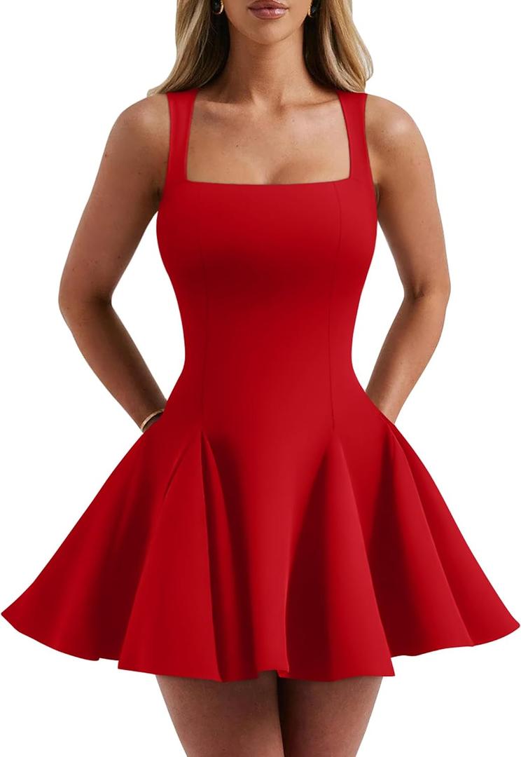 DAAWENXI Women's Sexy Sleeveless Square Neck Mini Dress Bodycon Party Club Tank Short Dresses, Small