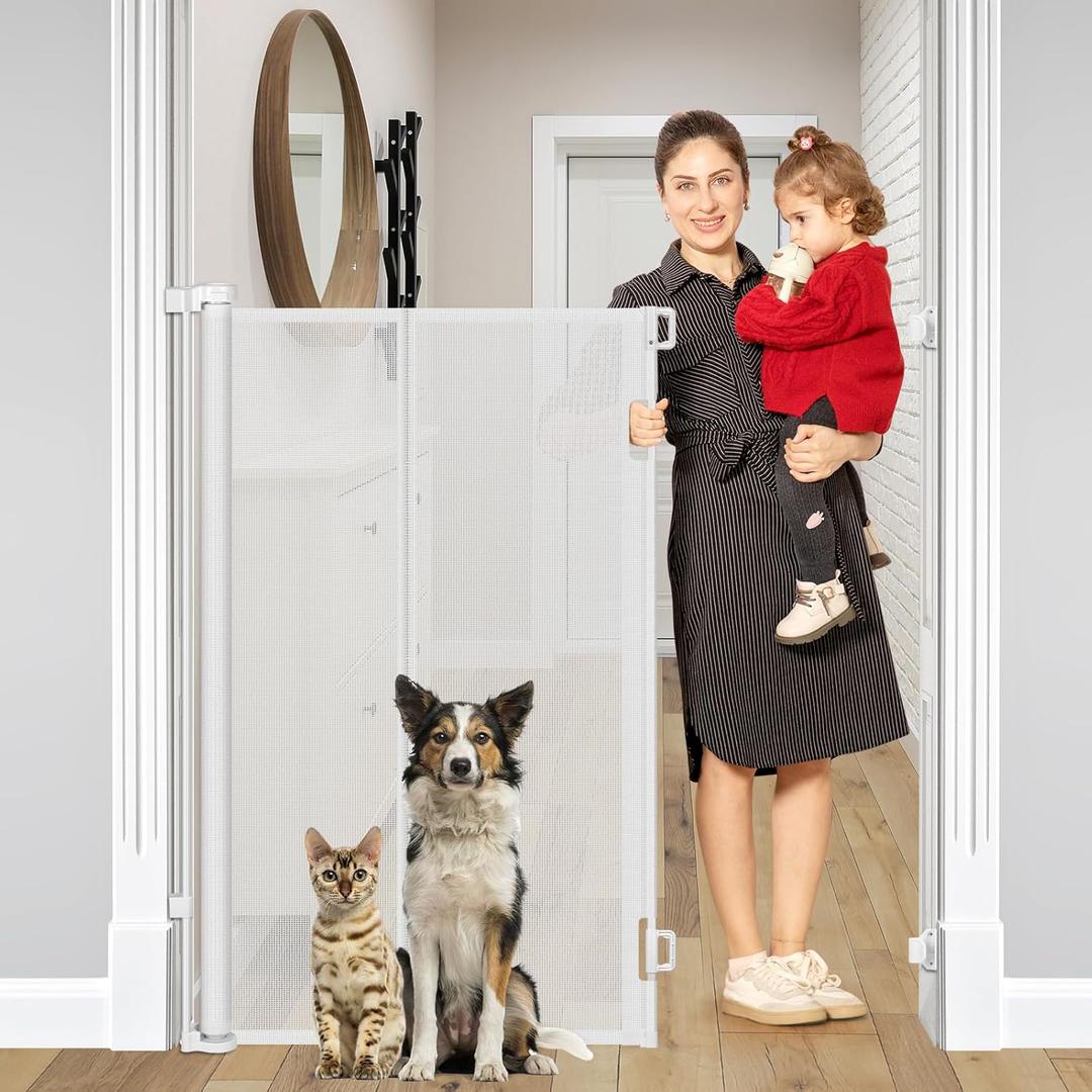 Reinforced 48" Extra Tall Baby Gate with Support Rods, 4 Ft Tall Retractable Gate for Dogs 55" Wide Pet Gates for Doorways Mesh Cat Gate - Prevent Baby/Pet from Jumping Over, White