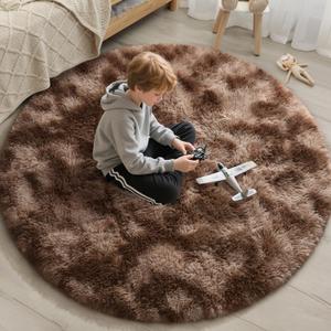 EVOIONOS Tie-Dye Coffee Round Rug for Bedroom, 4x4 Ft Fluffy Soft Circle Area Rugs for Living Room, Plush Shaggy Circular Carpet for Indoor Floor Bedside Kids Nursery, Home Decor Aesthetic
