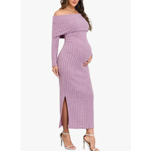 CYCLAMEN Off-Shoulder Maternity Sweater Dress Rib Knit Long Sleeve Dresses with Side Slit Pregnancy Clothes Baby Shower,XXL