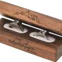 Engraved Flip Wooden 2 Ring box for wedding -Rustic Vintage Solid Wood rectangle Jewelry Storage Box (Brown)