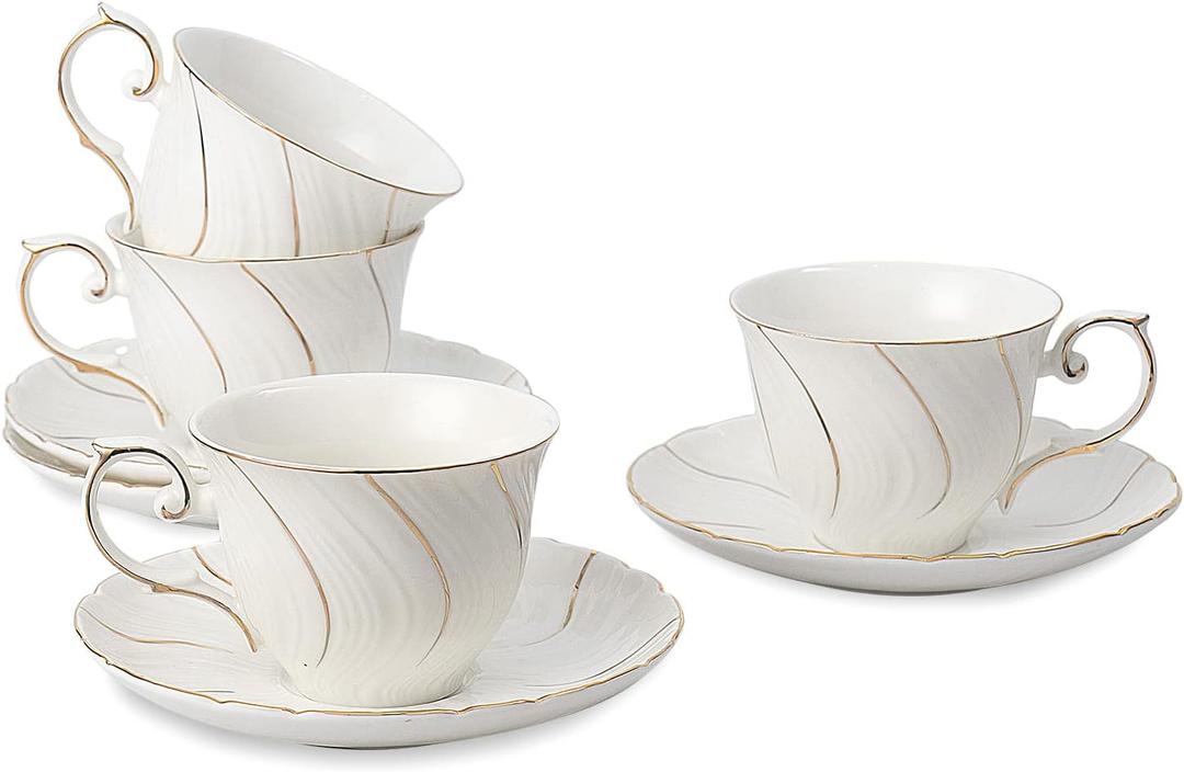 tea cups and saucers ceramic coffee mug 6oz for Coffee, Latte, Cafe Mocha and Tea-Set of 4, White