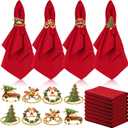 EBOOT 16 PCS Christmas Napkins and Ring Set 8 PCS Red Washable Napkins Cloth Fabric and 8 Christmas Rings Holder for Xmas Holiday Dinner Party Table Decoration(Tree, Candy, Bell, Car)