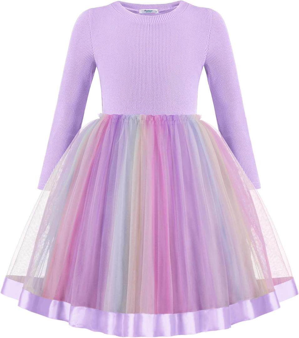 Arshiner Toddler Tutu Dress Little Girls Fall Winter Long Sleeve Holiday Party Tulle Dresses 3-8Y (7-8 Years, Purple Rainbow)