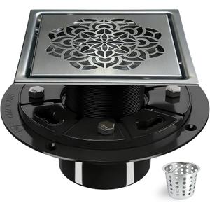 6 Inch Shower Drain, Square Shower Floor Drain Kit with Flange and Removable Cover Grate, AISI 304 Stainless Steel, Brushed Nickel