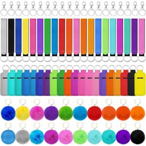 Tudomro 20 Sets Lipstick Holder Keychain Poms Keychains Bulk Lip Balm Holder Set Include Colorful Wristlet Key Rings Ball Metal Key Rings for Lipstick Lanyards Women