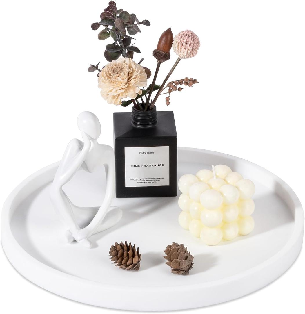 Silicone Bathroom Tray Round Vanity Tray Decorative Soap Holder Kitchen Countertop Organizer Coffee Table Decor for Candle, Perfume, Plant, 12 Inch, White