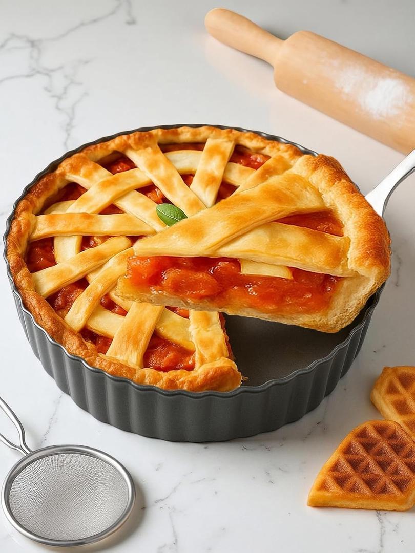 Yamteck 9.5*2.2 Inch Deep Tart Pan w/ Pie Cake Server. Removable Bottom, Non-Stick Coating, Rugged Carbon Steel for Tart Quiche Baking. Gift for Women Wife Christmas Thanksgiving Party Festival Family