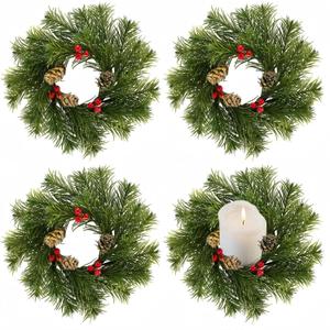 4 Pcs 9'' Christmas Candle Rings Wreaths, Artificial Small Wreath with Red Berry Pinecone for Table top Centerpiece Candle Holder