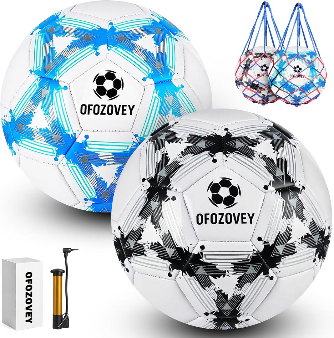 OFOZOZEY Soccer Ball Size 3,4,5,Two Pack,Classic Indoor Outdoor Soccer with 1 Pump 2 Net Bag and 1 Needle,Long-Lasting for Training, Games, Outdoor & Indoor Play,Ideal Gift for Boys (Black and Blue)