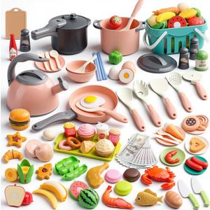 130Pcs Kitchen Playset, Toddler Pretend Cooking Play Pots, Pans, Utensils Cookware, Daily Food Fruit Veges, Shopping Storage Basket, Dessert, Prop Money, Learning Gift for Child (Pink)