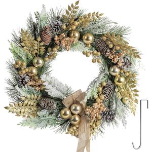 Christmas Wreath for Front Door 20", Artificial Flocked Winter Door Wreath with Golden Christmas Balls Leaves Berries Snowy Twig Pinecones, Holiday Wreaths for Front Door Windows Wall Home Dcor (Golden Leaves)