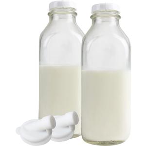 The Dairy Shoppe 1 Ltr. (33.8 oz.) Glass Milk Bottle Vintage Style with Cap & NEW Silicone Pour Spouts! (2 Pack)