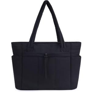 Wandering Nature Puffer Tote Bag with Cup Holder & Laptop Compartment & Trolley Sleeve for Travel, Work, Nurse, Women (Medium, 01-black)